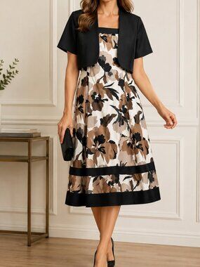 R&M Richards 2 Piece Floral Midi Dress & Jacket Black White Brown Size 18W